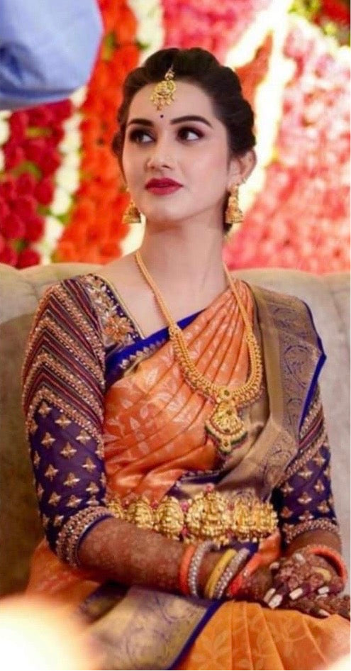 Elegant Orange & Blue Semi Katan Silk Banarasi Saree with Golden Zari