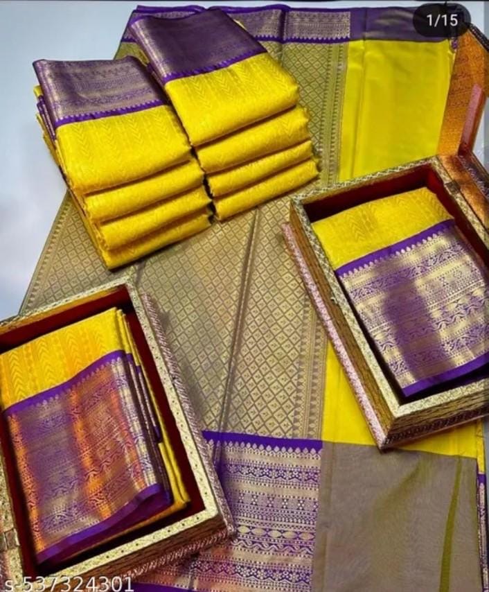 Yellow Soft Silk Saree with Purple Zari Border