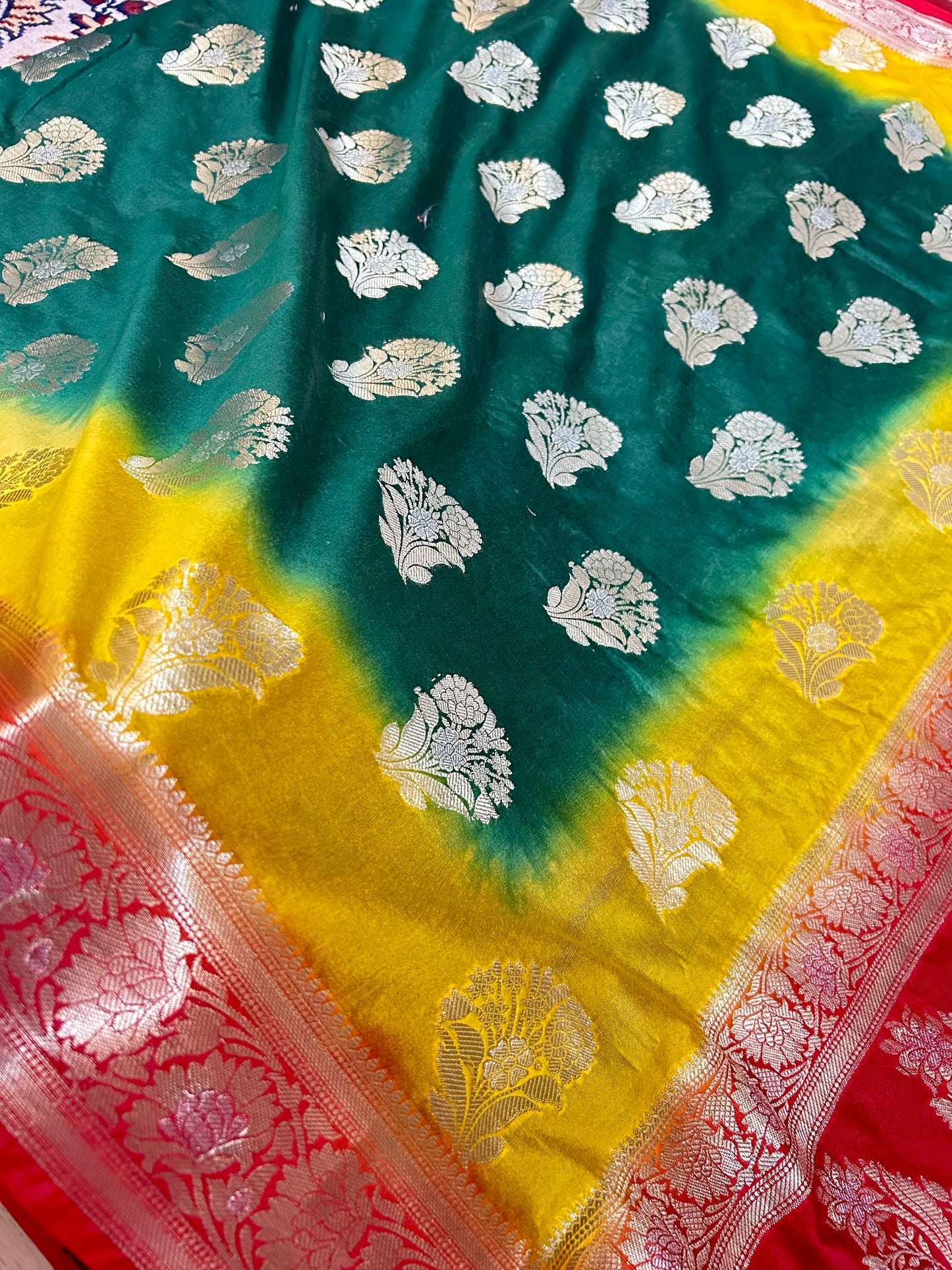 Vibrant Green-Yellow Katan Silk Saree with Red Zari Border