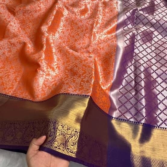 Elegant Orange & Blue Semi Katan Silk Banarasi Saree with Golden Zari
