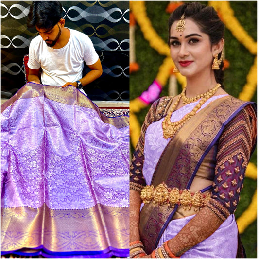 Lavender Katan Tissue Banarasi Bridal Saree with Royal Zari Border