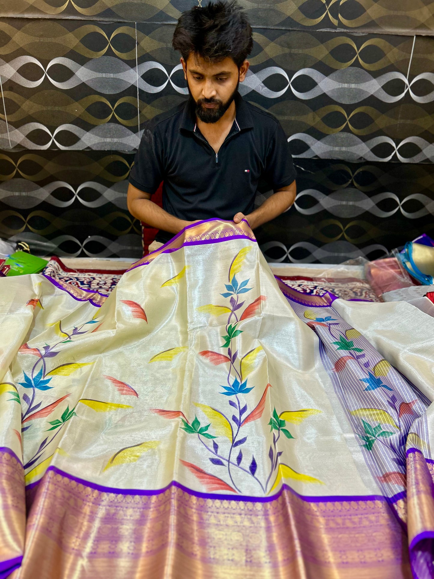 Elegant Tissue Handbrush Work Saree