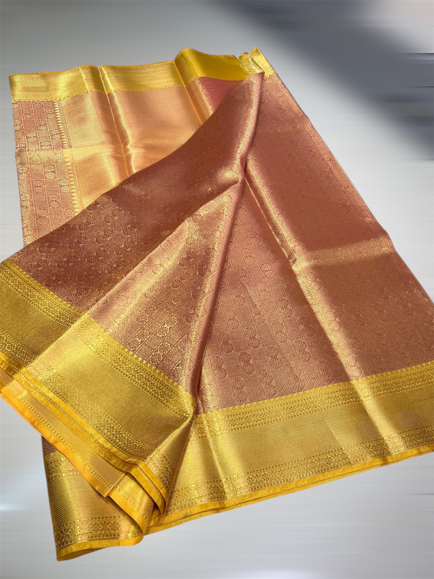 Golden Peach Banarasi Tissue Saree with Zari Border