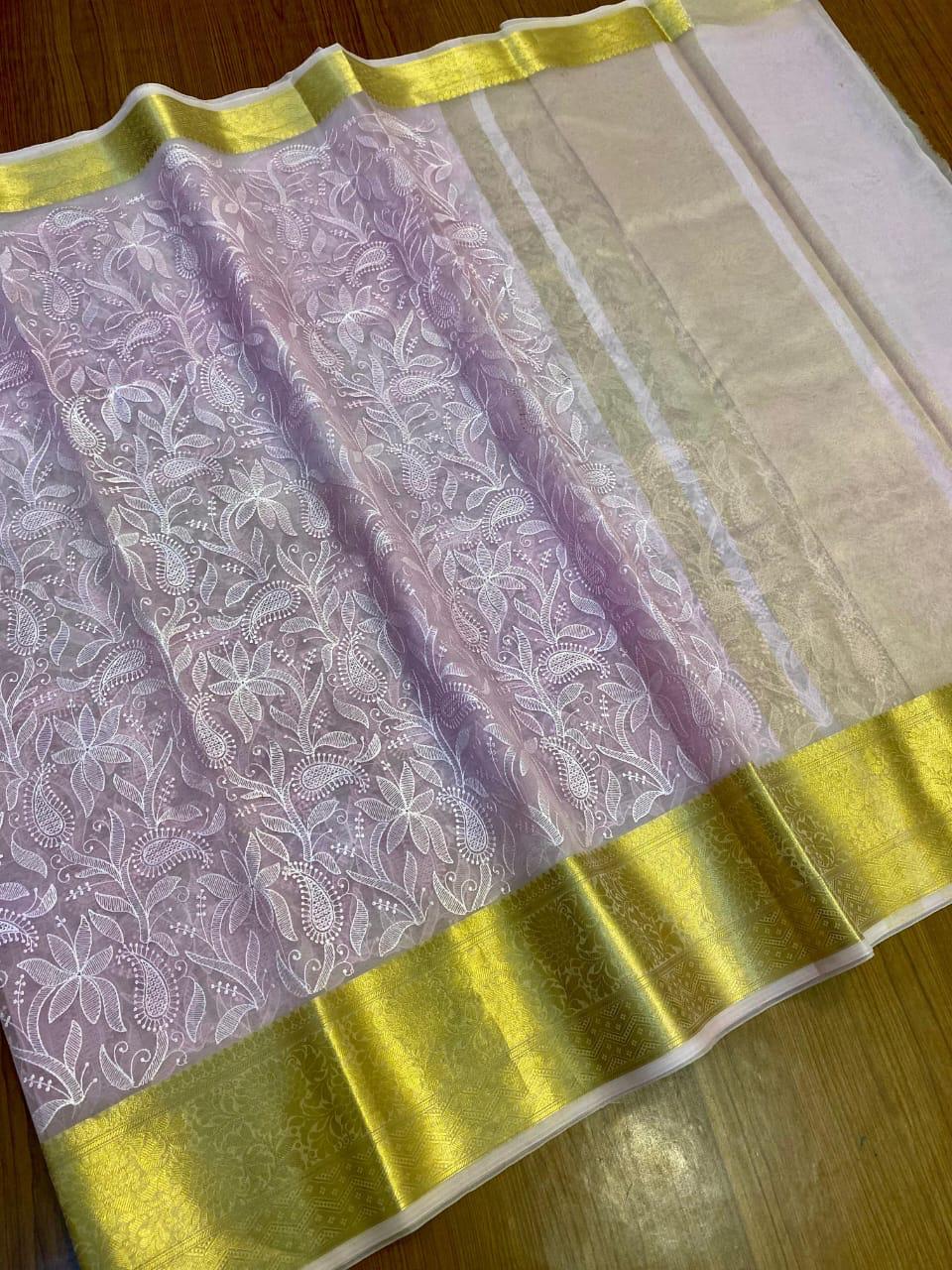 Royal Blue Chikankari Organza Saree with Rich Zari Border