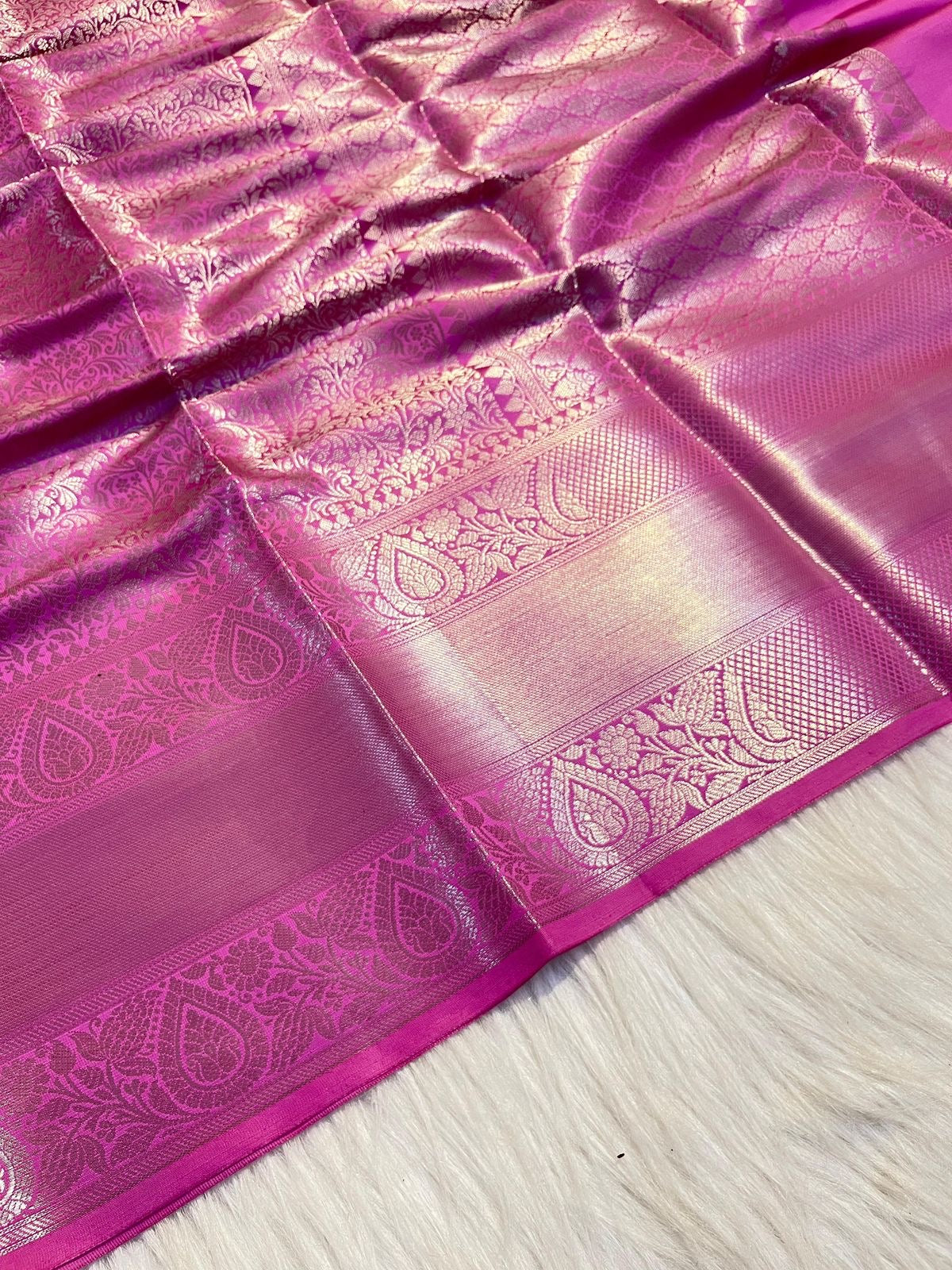 Graceful Pink Banarasi Semi Katan Silk Saree with Silver Zari
