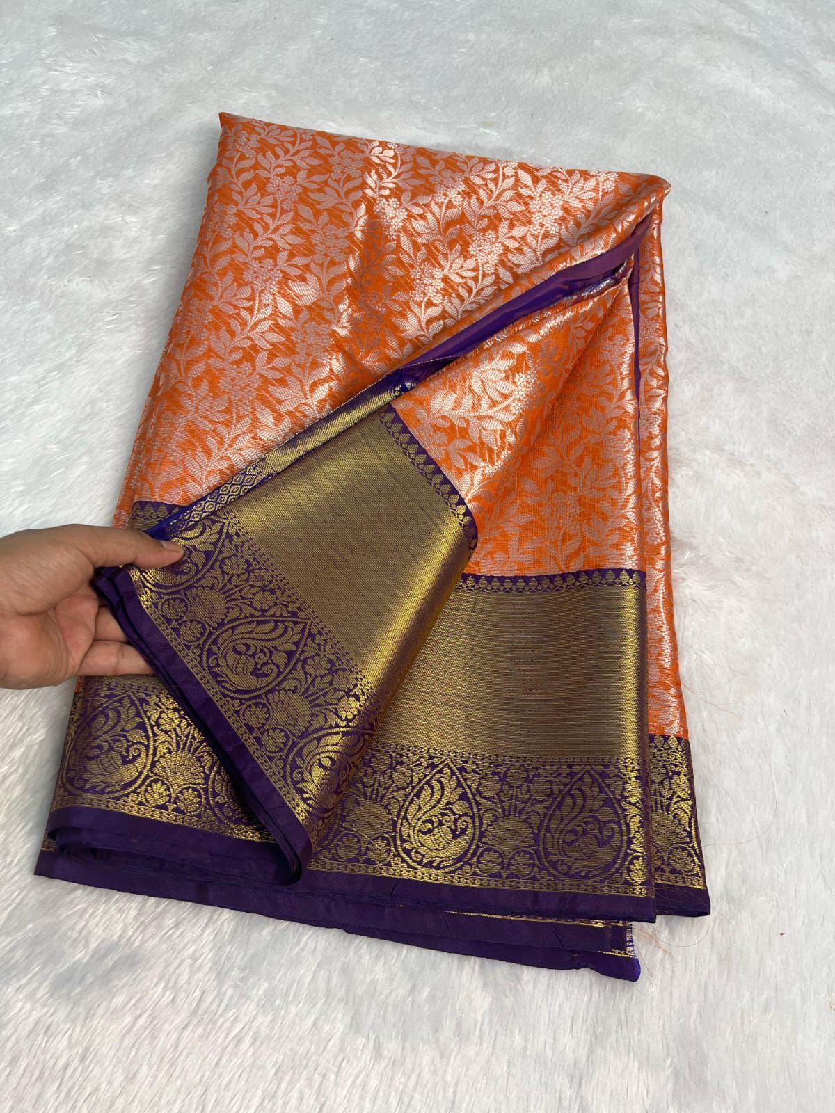 Elegant Orange & Blue Semi Katan Silk Banarasi Saree with Golden Zari