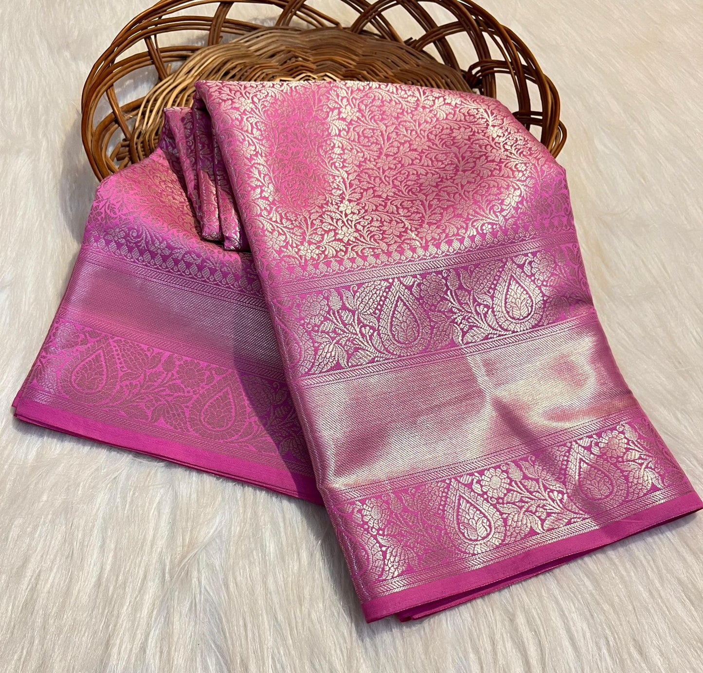 Graceful Pink Banarasi Semi Katan Silk Saree with Silver Zari