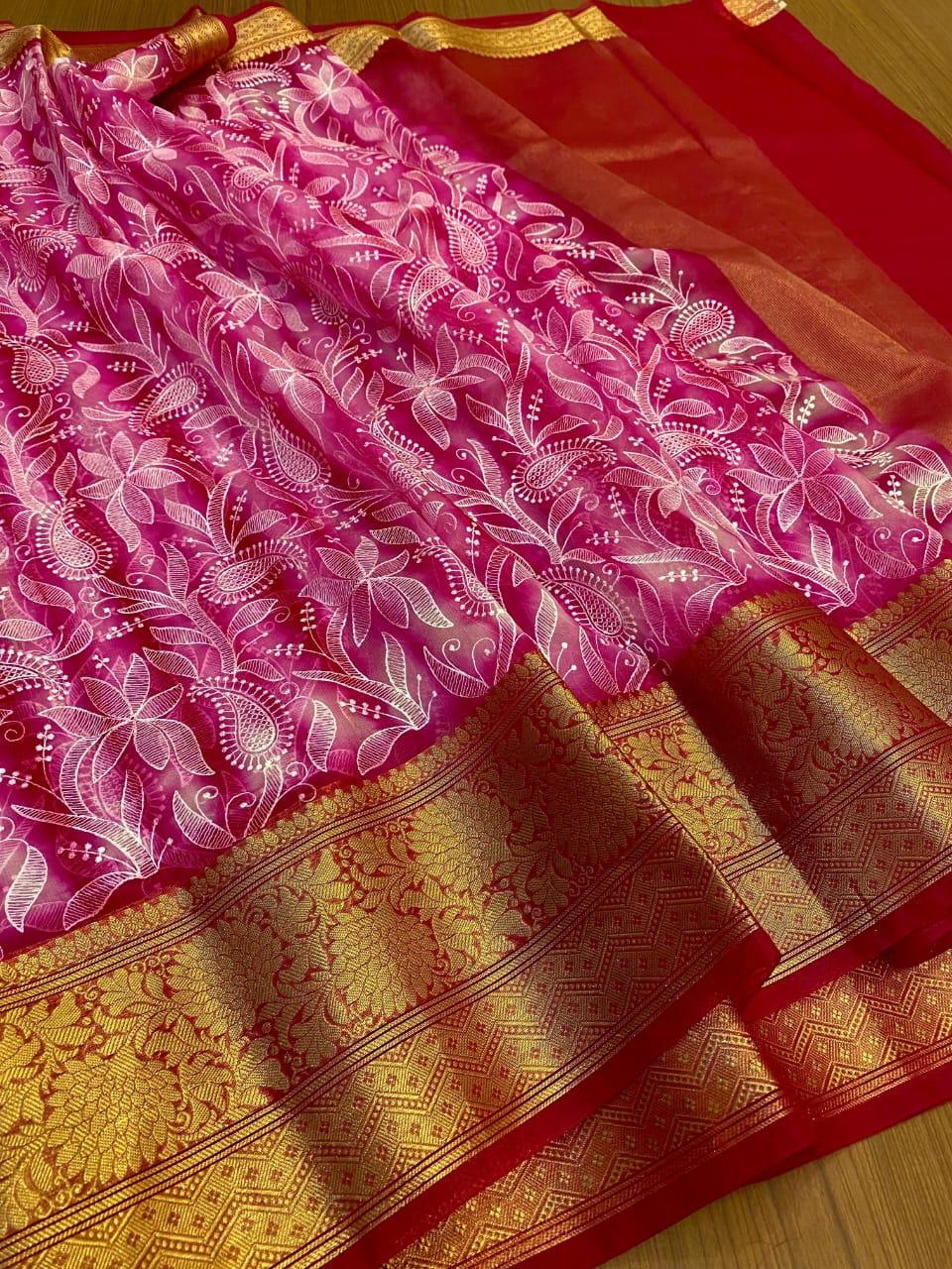 Royal Blue Chikankari Organza Saree with Rich Zari Border