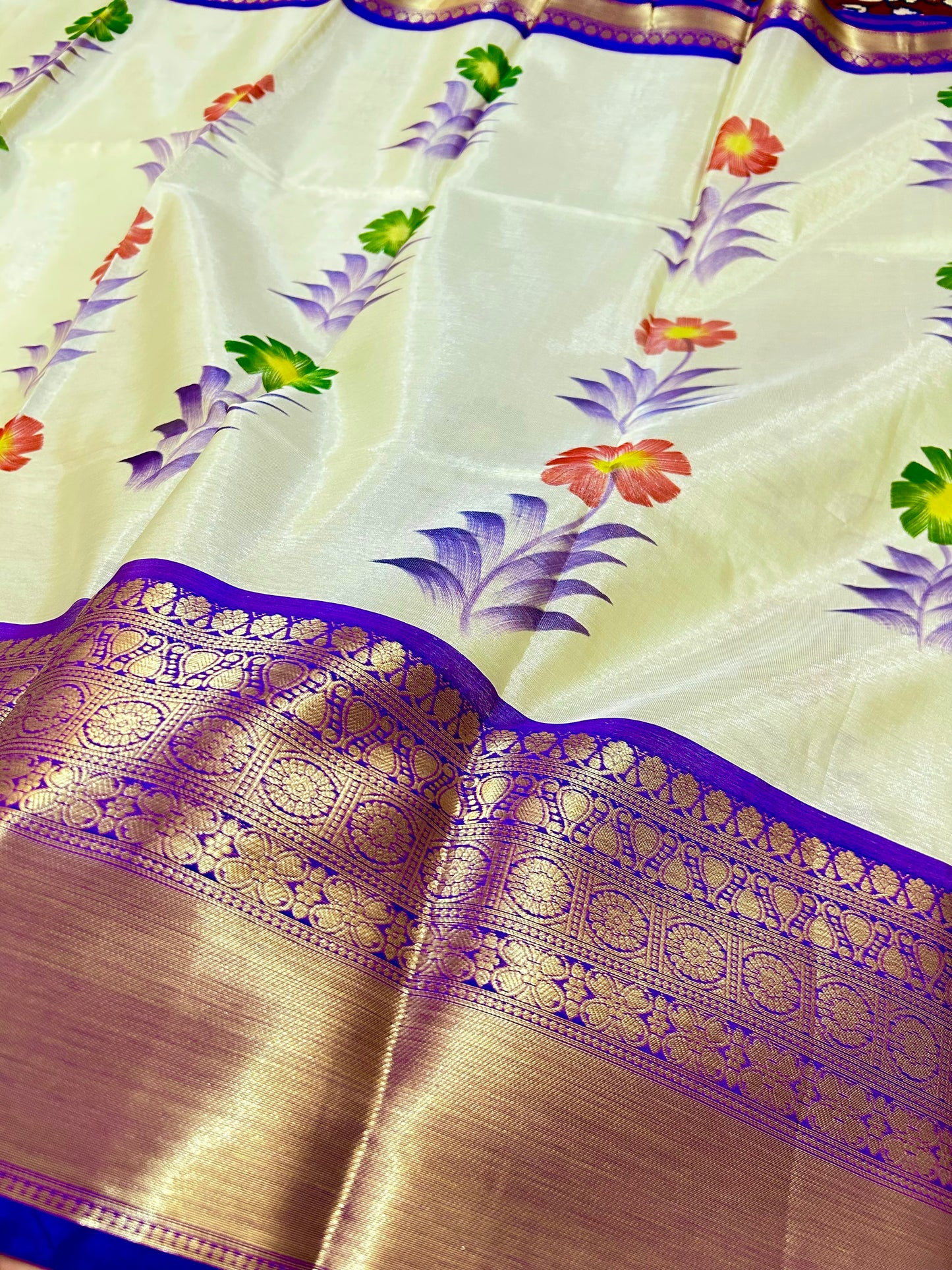 Radiant Premium Banarasi Tissue Saree with Hand Brush Print