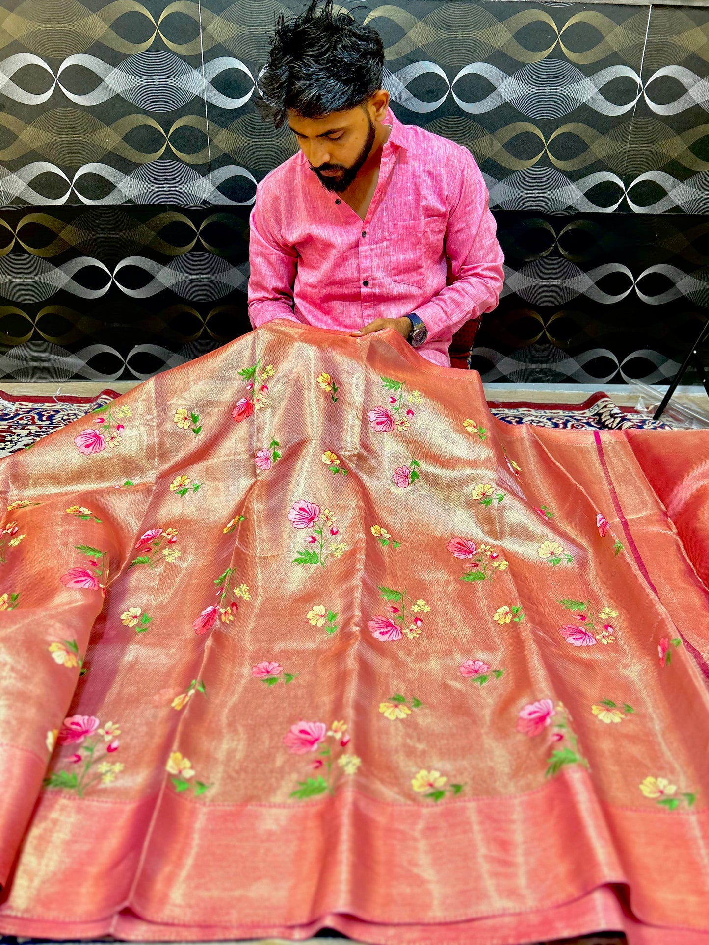 Elegant Pink Tissue Saree with Fancy Embroidery Work