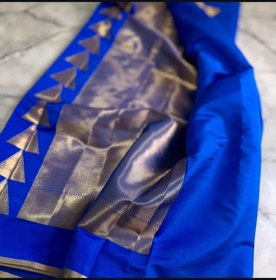 Celebrity Inspired - Royal Blue Soft Silk Saree with Golden Triangle Motifs
