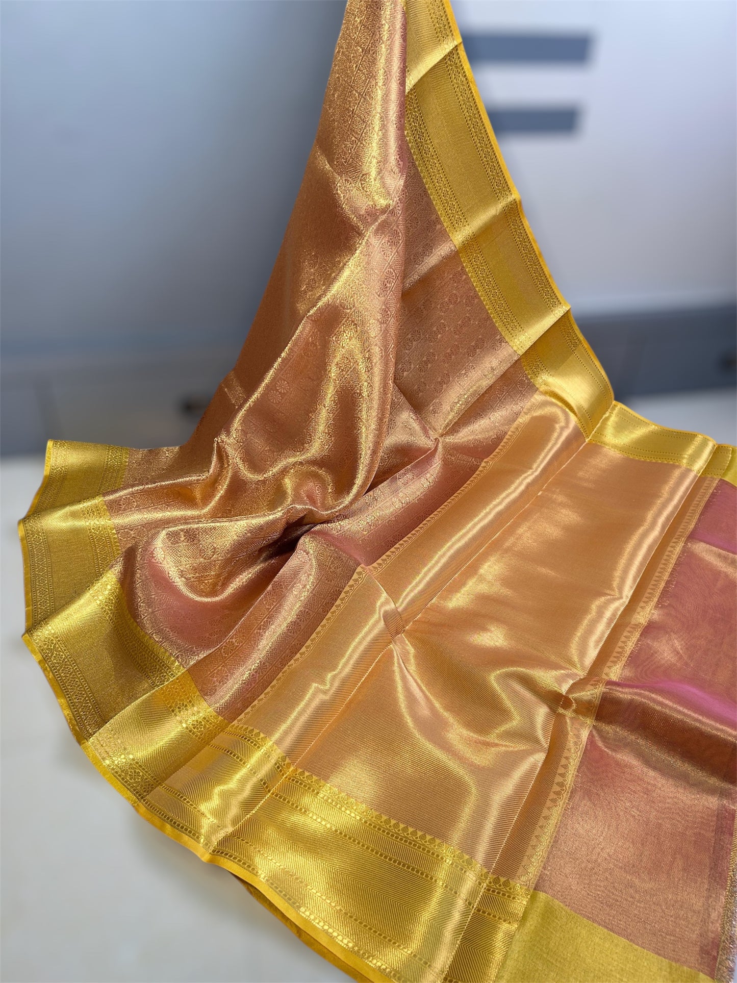 Golden Peach Banarasi Tissue Saree with Zari Border