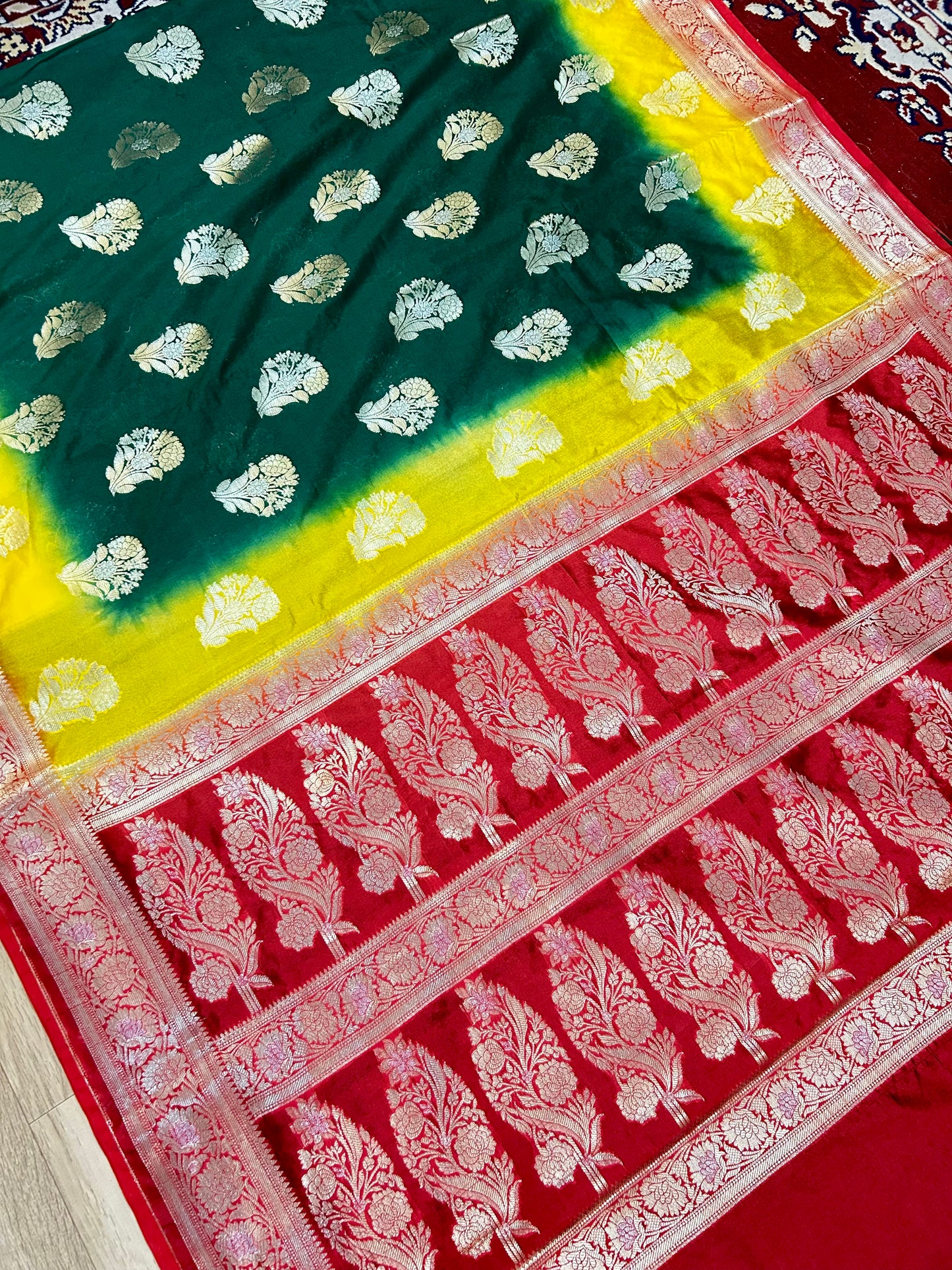Vibrant Green-Yellow Katan Silk Saree with Red Zari Border