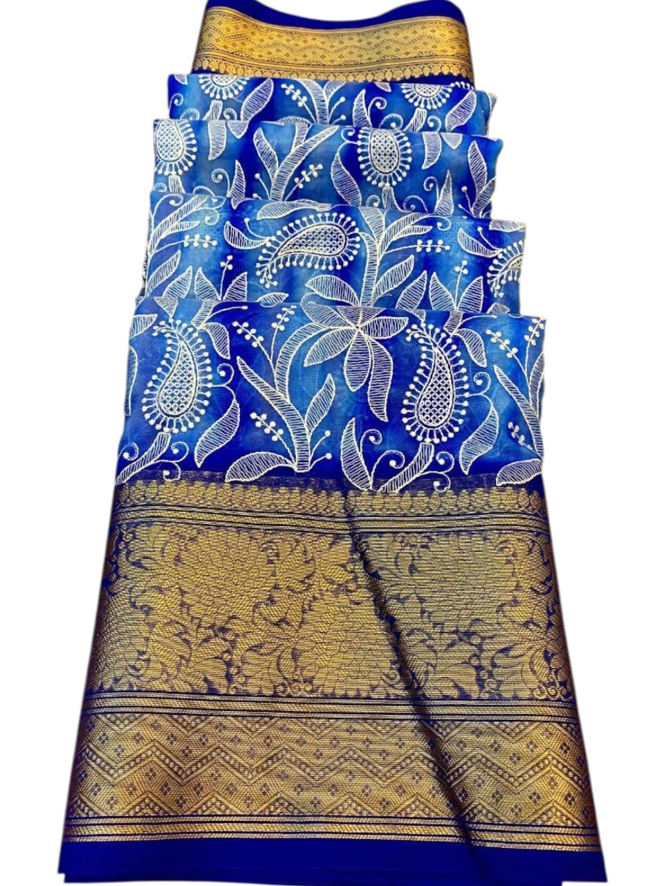 Royal Blue Chikankari Organza Saree with Rich Zari Border