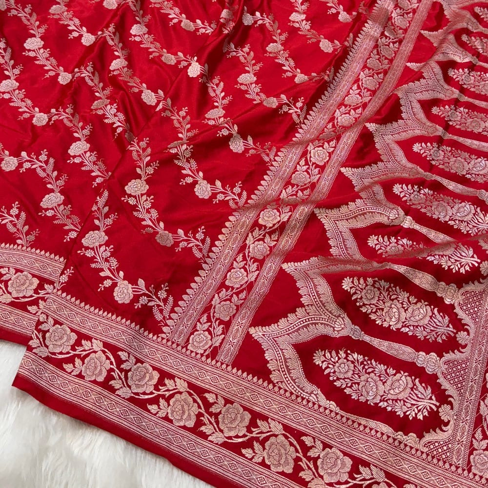 Exquisite Red Mashru Katan Silk Saree with Intricate Floral Jaal