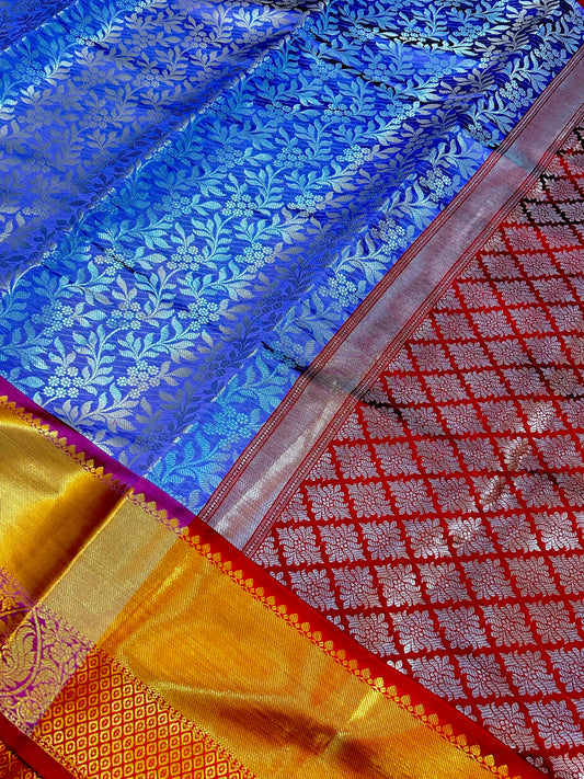 Exclusive Royal Blue & Red Banarasi Semi Silk Saree with Grand Golden Pallu
