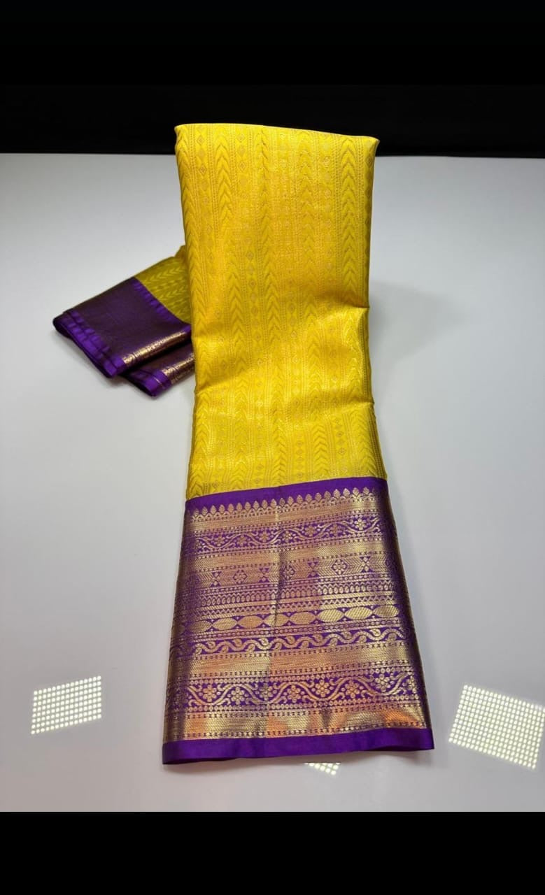 Yellow Soft Silk Saree with Purple Zari Border