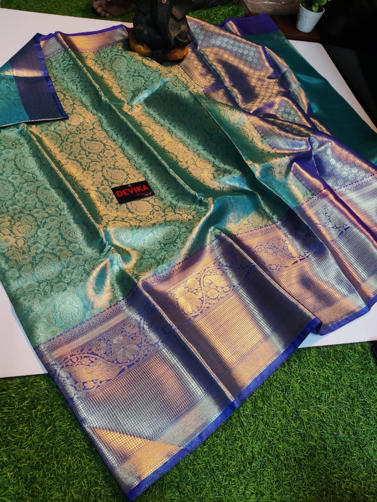 Teal Green & Purple Banarasi Tissue Silk Saree with Zari Weaving