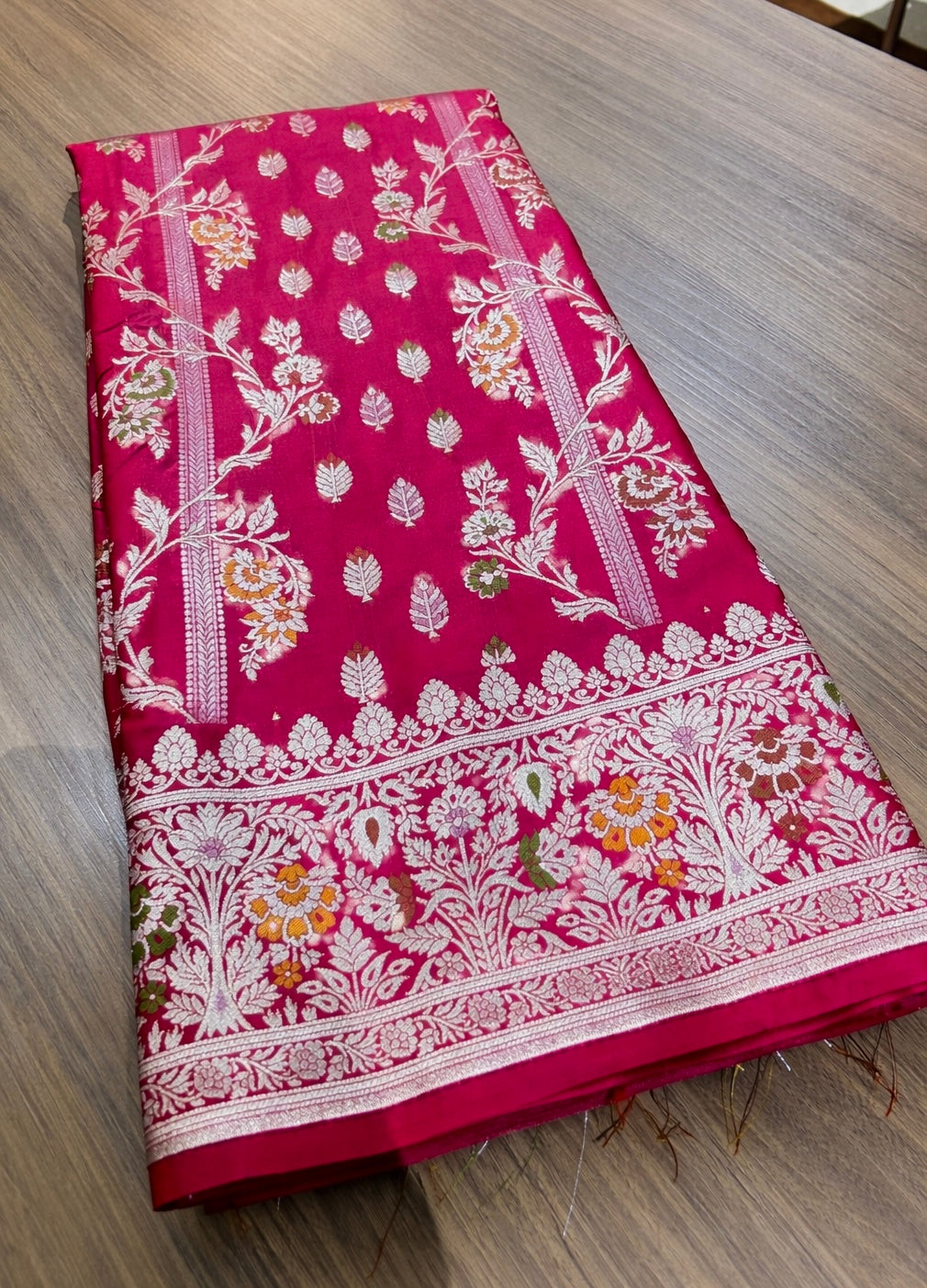 Banarasi Handwoven Katan Silk Blend Saree with Rich Floral Zari Border – Rani Pink
