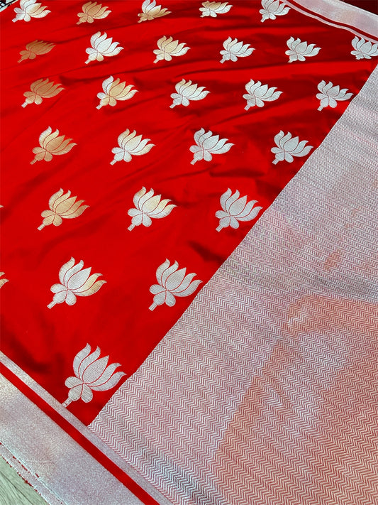Premium Red Katan Semi Silk Banarasi Saree with Golden Lotus Weaving – Kajol Mam Inspired