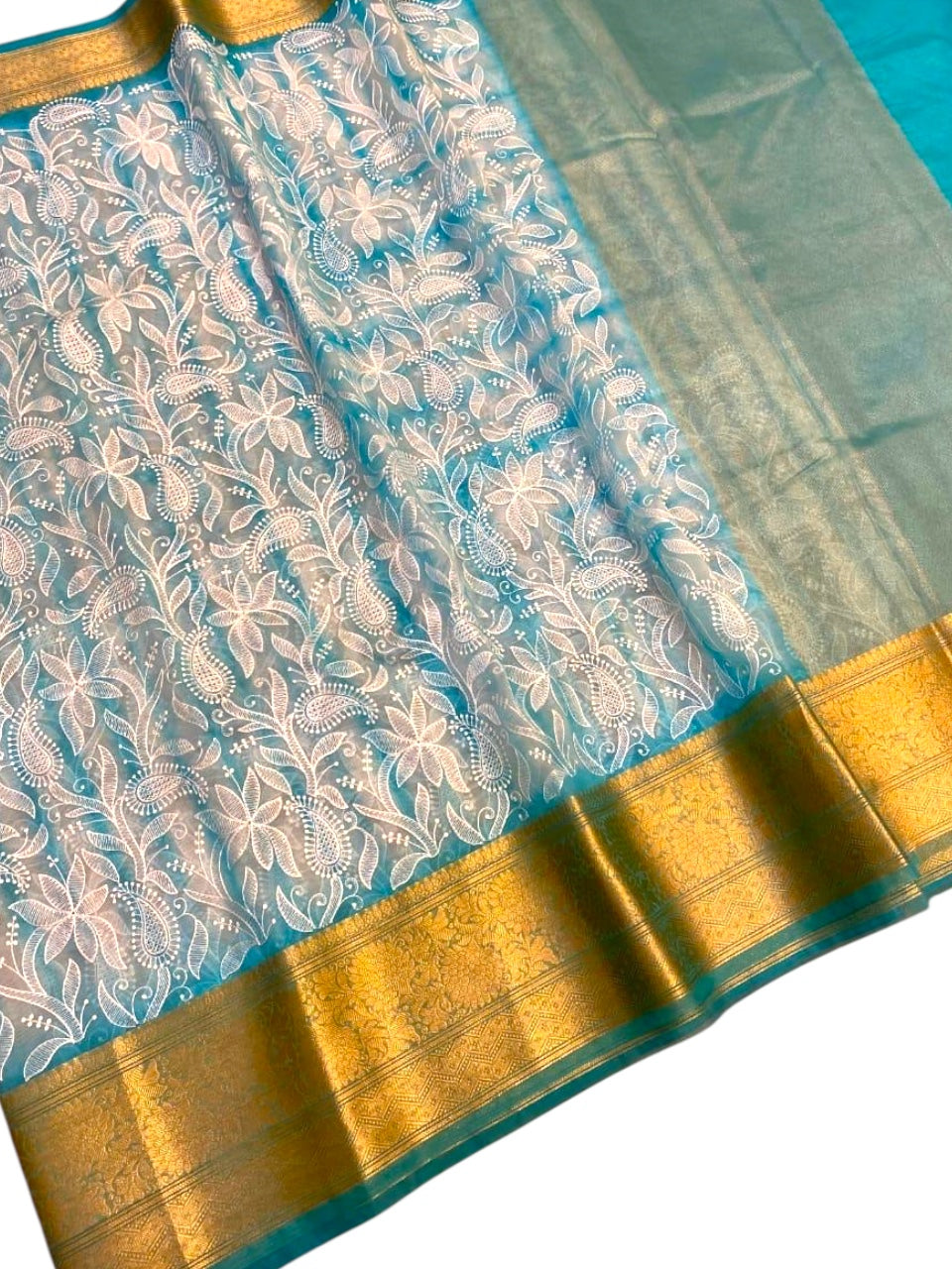 Royal Blue Chikankari Organza Saree with Rich Zari Border