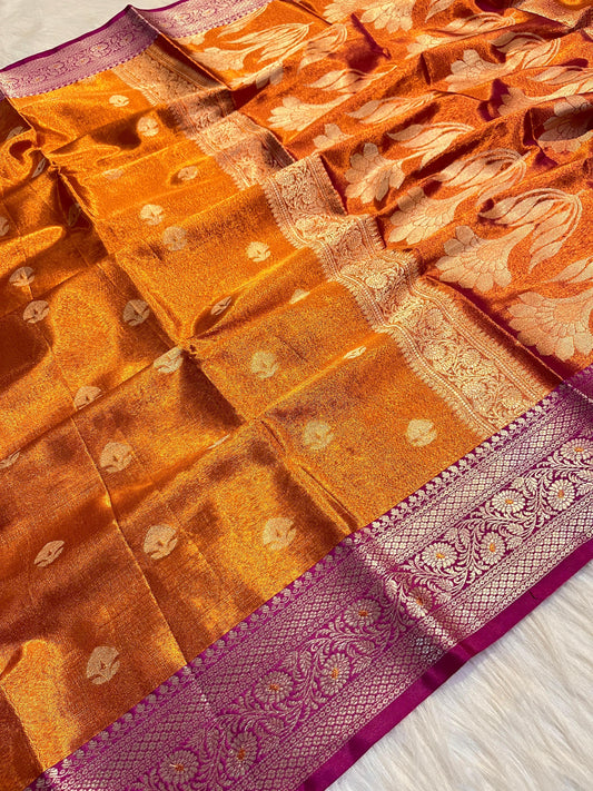 Burnt Orange Banarasi Tissue Saree with Magenta Contrast Border