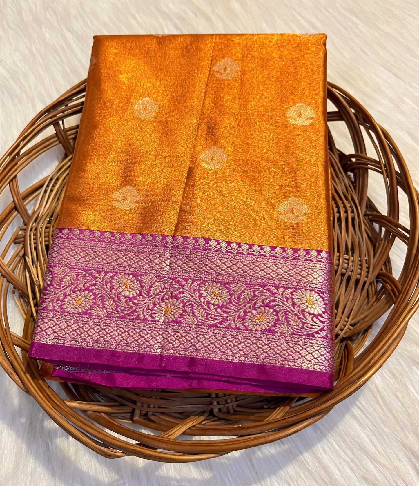 Burnt Orange Banarasi Tissue Saree with Magenta Contrast Border