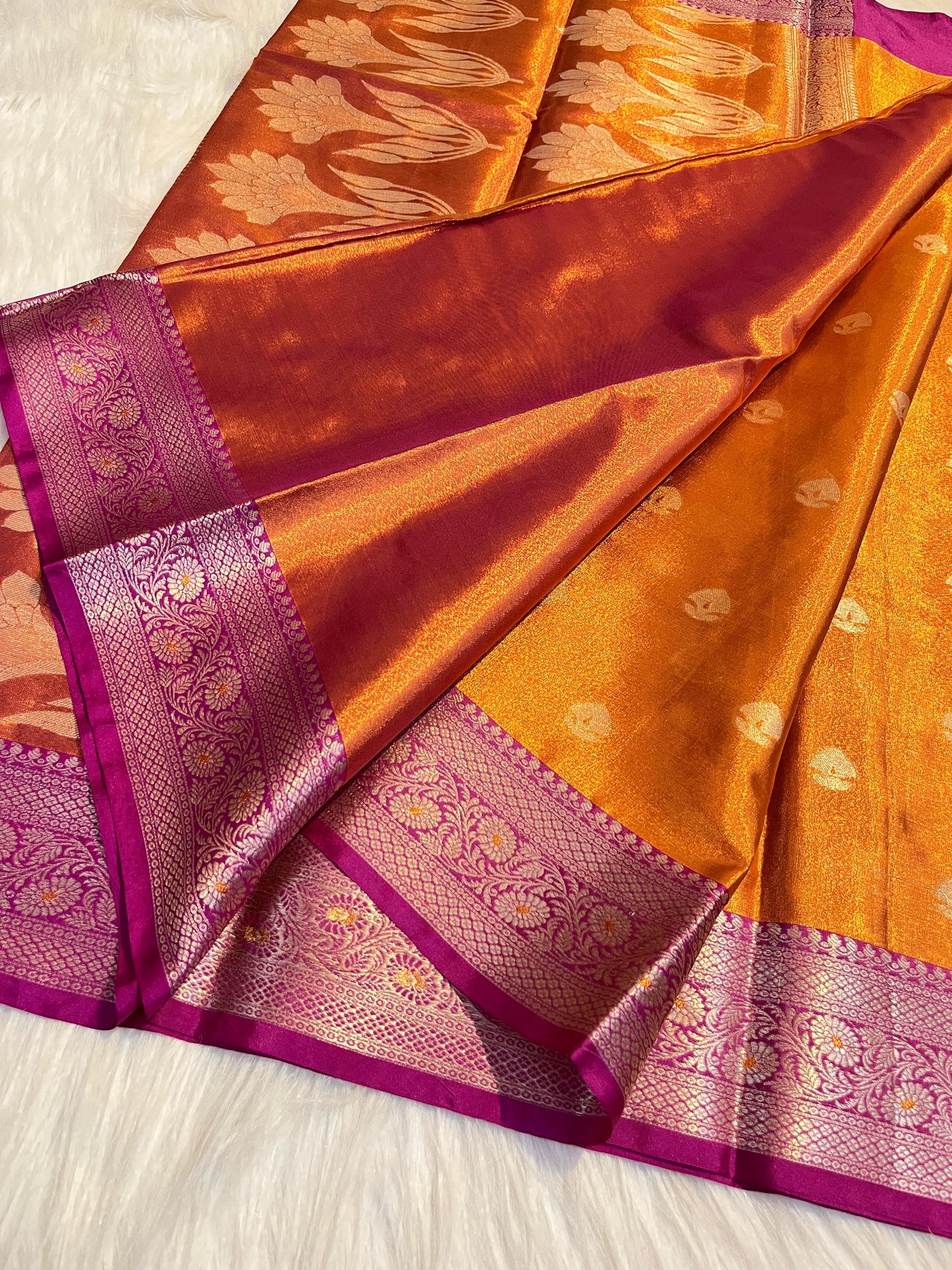 Burnt Orange Banarasi Tissue Saree with Magenta Contrast Border