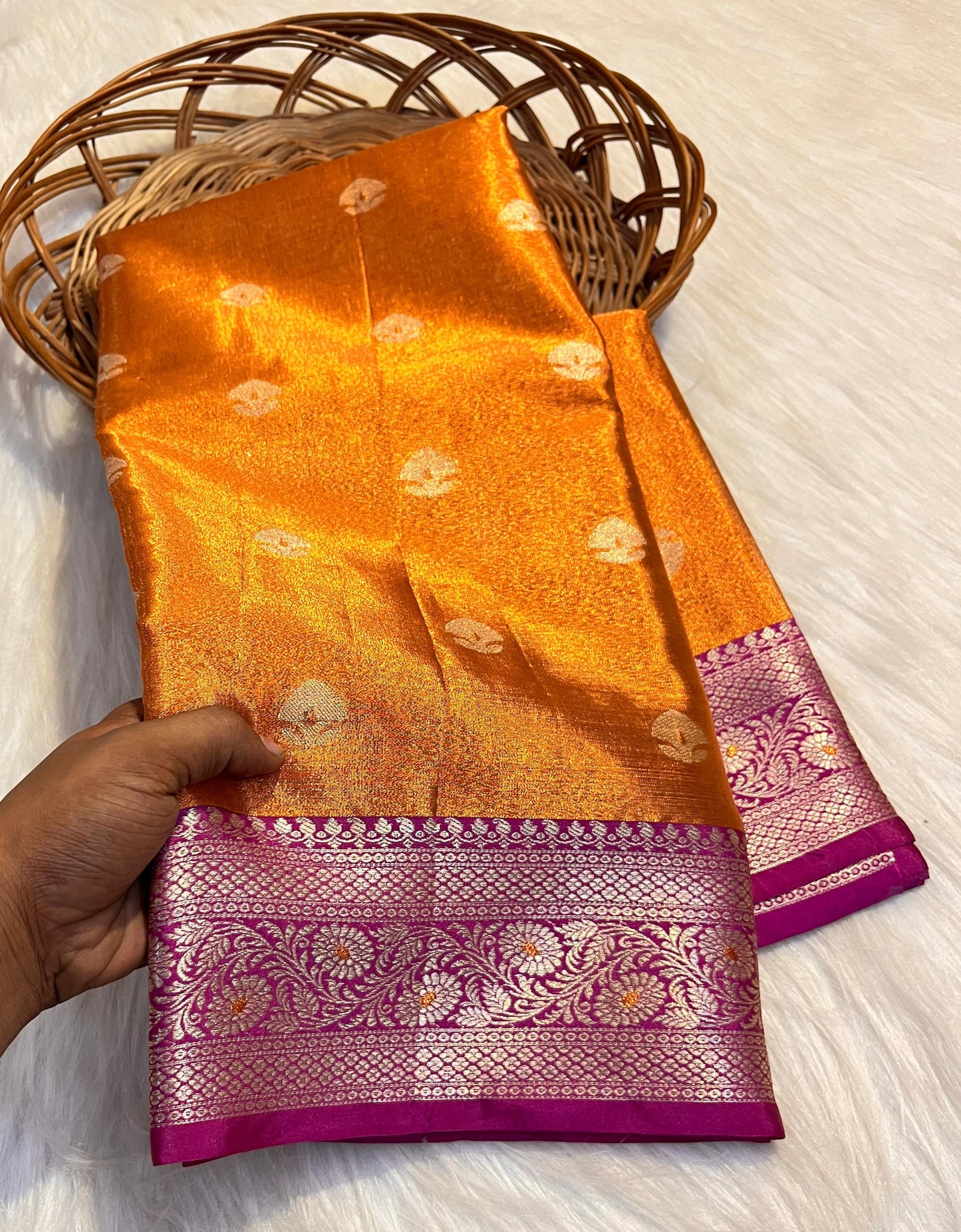 Burnt Orange Banarasi Tissue Saree with Magenta Contrast Border