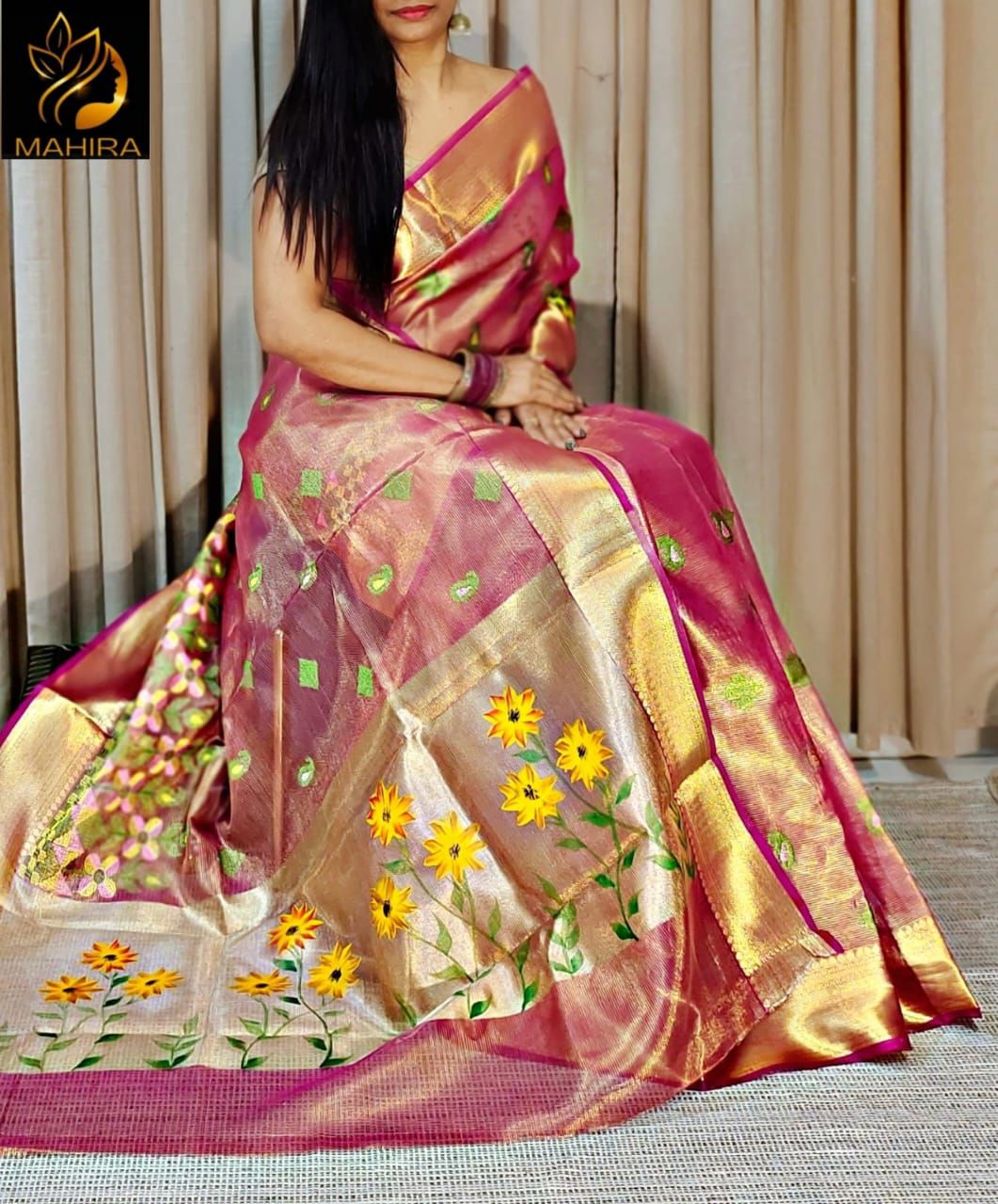 Maroon Banarasi Tissue Saree with Embroidery Work & Printed Pallu