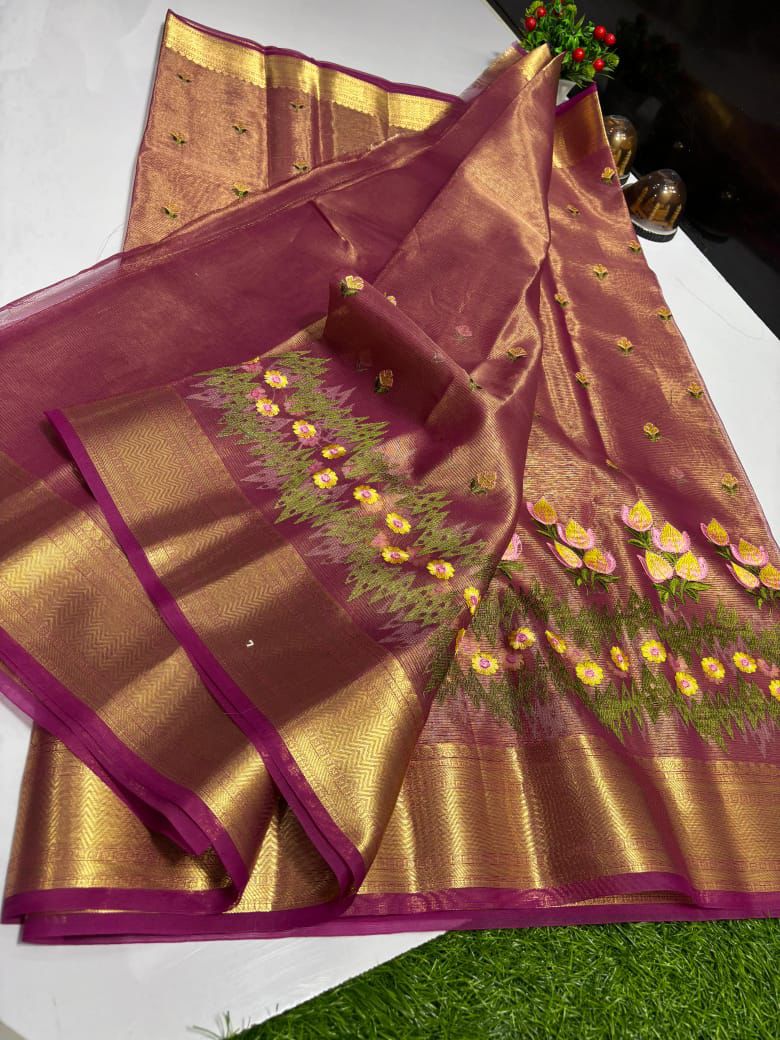Maroon Banarasi Tissue Saree with Embroidery Work & Printed Pallu