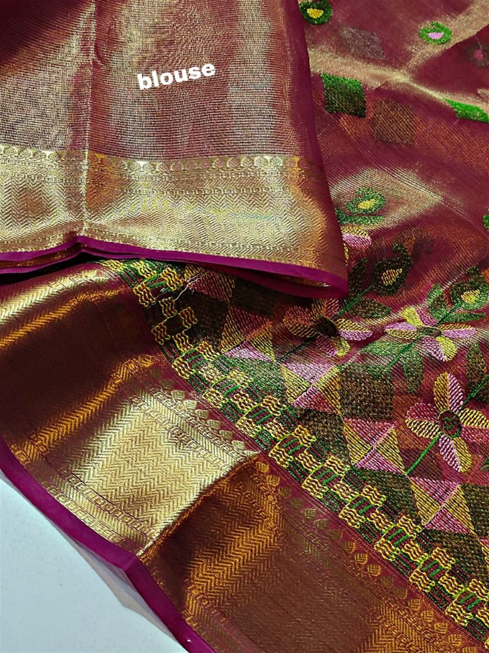 Maroon Banarasi Tissue Saree with Embroidery Work & Printed Pallu