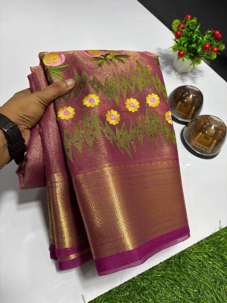 Maroon Banarasi Tissue Saree with Embroidery Work & Printed Pallu