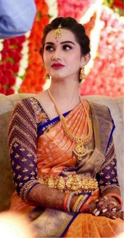 Elegant Orange & Blue Semi Katan Silk Banarasi Saree with Golden Zari