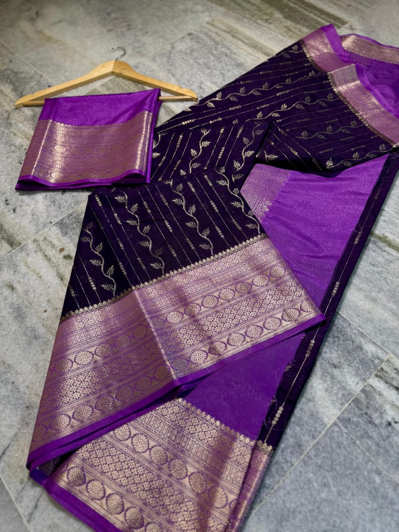 Elegant Royal Purple Chiniya Silk Saree with Rich Zari Border & Brocade Blouse Piece | Banarasi Party Wear Saree