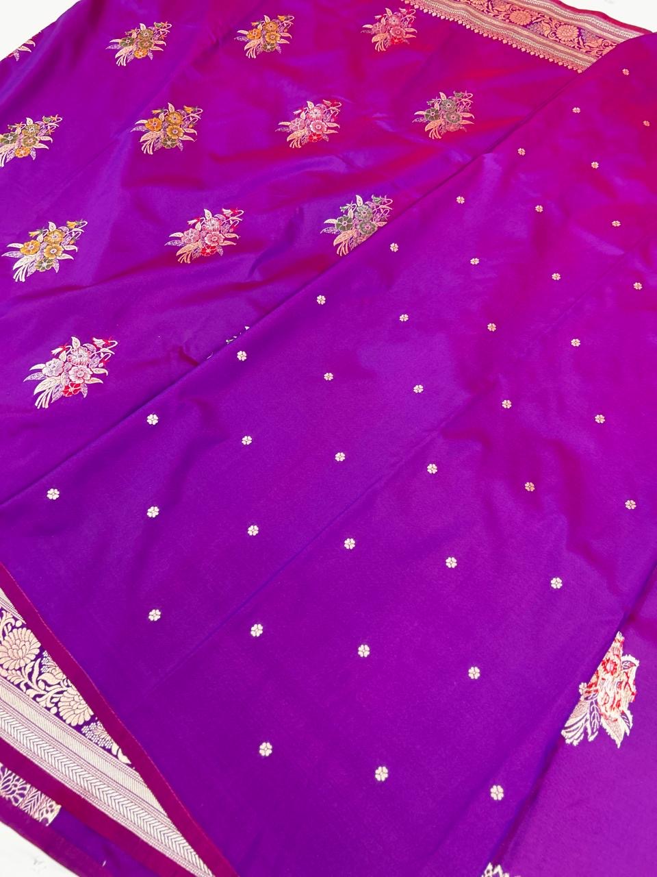 Elegant Royal Purple Mashroo Katan Banarasi Silk Saree with Multicolor Floral Zari & Designer Pallu