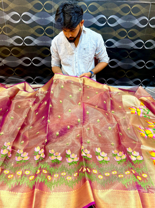 Maroon Banarasi Tissue Saree with Embroidery Work & Printed Pallu