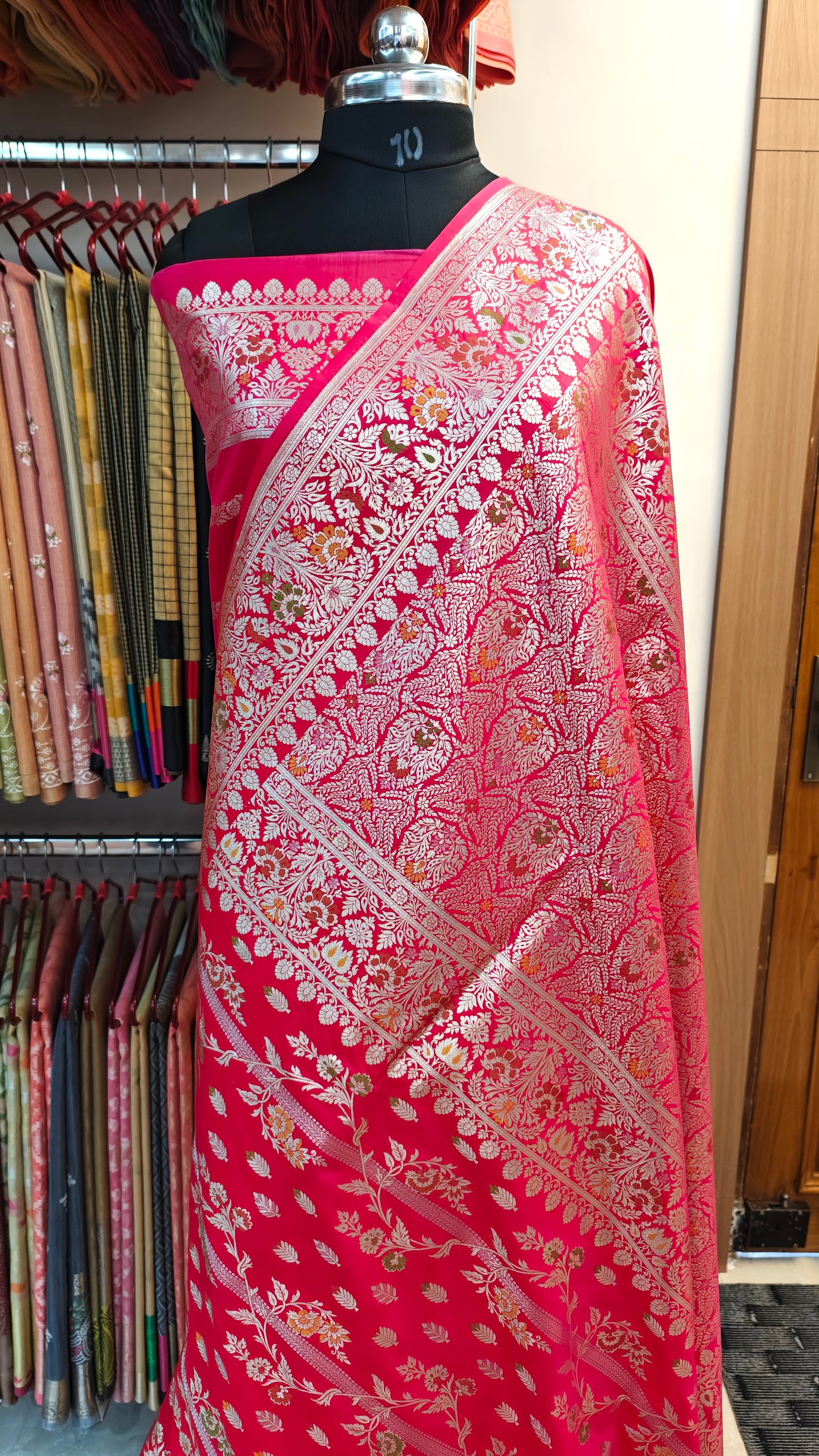 Banarasi Handwoven Katan Silk Blend Saree with Rich Floral Zari Border – Rani Pink