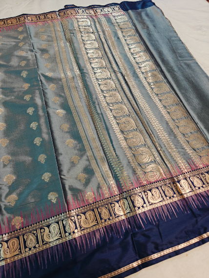 Premium Steel Grey Paisley Zari Banarasi Katan Silk Saree with Royal Blue Border