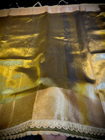 Exclusive Mustard Gold Tissue Attach Lace Work Saree