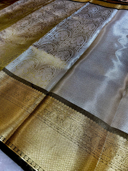Silver Tissue Banarasi Saree with Golden Zari Border