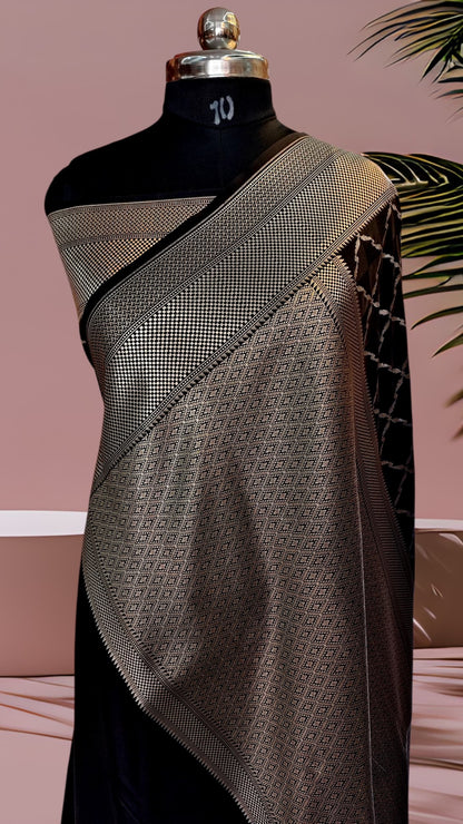 Handwoven Banarasi Katan Silk Saree in Classic Black with Geometric Zari Jaal & Rich Border