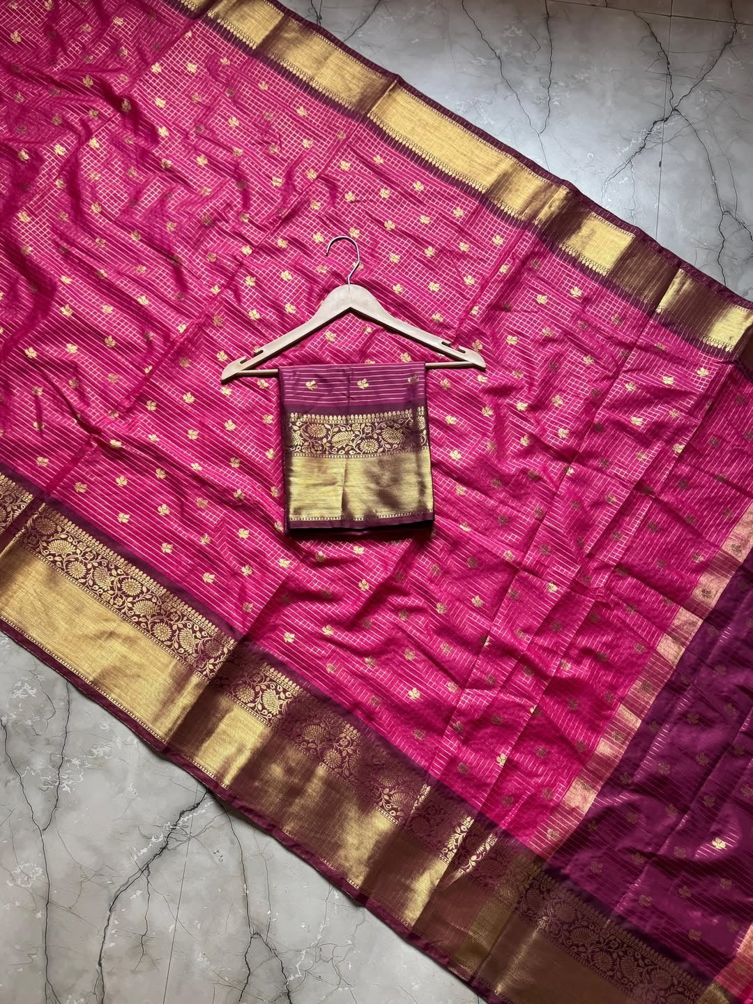 Rich Rani Pink Semi Katan Silk Banarasi Saree with Heavy Golden Zari Border & Buti Work
