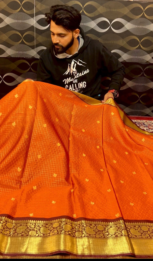 Exclusive Banarasi Premium Orange Saree with Classic Grid Weave