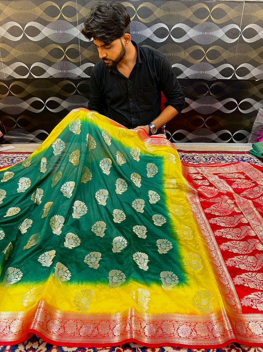 Vibrant Green-Yellow Katan Silk Saree with Red Zari Border