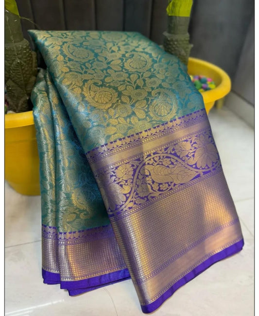 Teal Green & Purple Banarasi Tissue Silk Saree with Zari Weaving