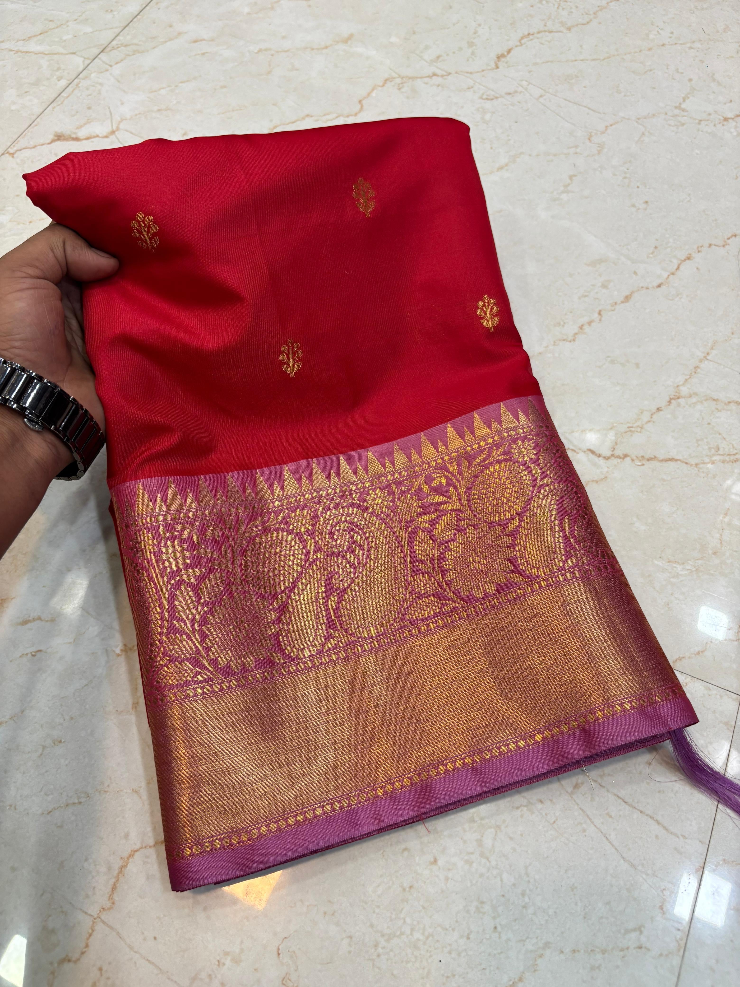 Elegant Red Katan Silk Banarasi Saree with Rich Meenakari Border