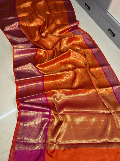 Premium Banarasi Katan Semi Silk Saree – Orange with Pink Zari Border | Bridal & Festive Wear