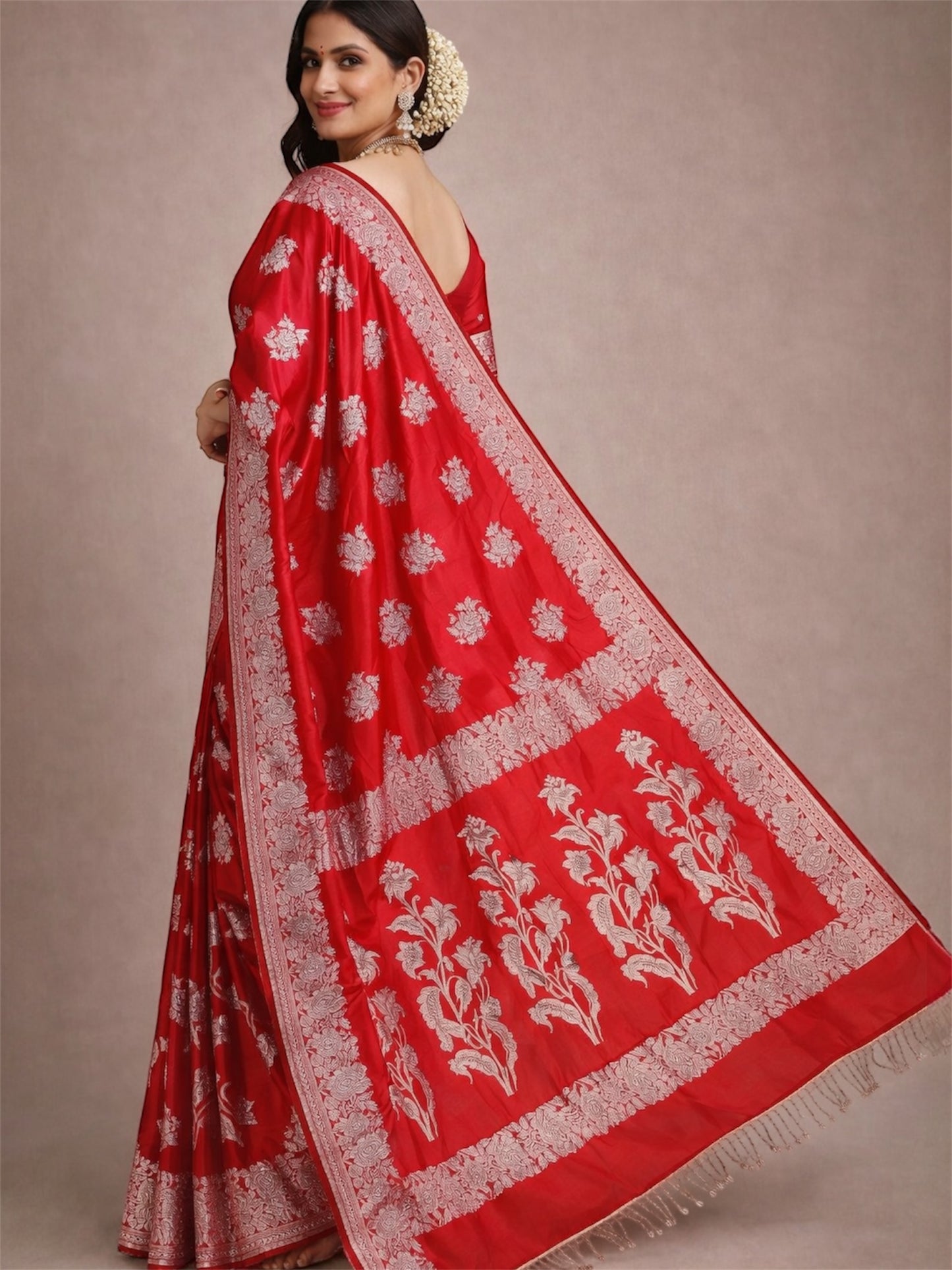 Red Mashroo Katan Silk Banarasi Saree | Handwoven Silver Zari | Festive Luxury