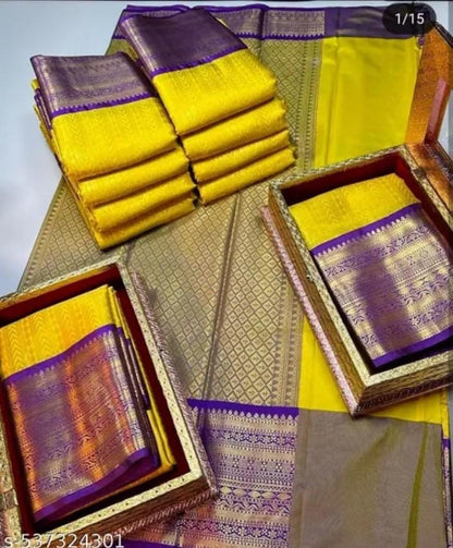 Yellow Soft Silk Saree with Purple Zari Border